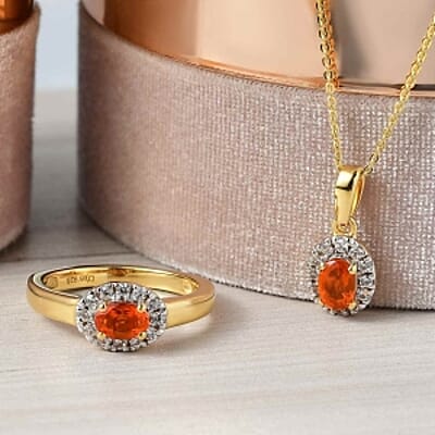 Fire Opal, White Zircon 1.36 ctw Set Ring (Size 10) and Pendant Necklace (18 Inches) in Vermeil YG Over Sterling Silver