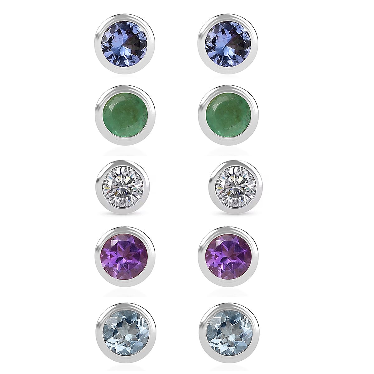D'Joy Poke Free Multi Gemstone 2.50 ctw Set of 5 Solitaire Stud Earrings in Rhodium Over Sterling Silver image number 0