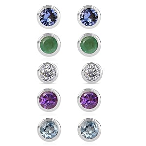 D'Joy Poke Free Multi Gemstone 2.50 ctw Set of 5 Solitaire Stud Earrings in Rhodium Over Sterling Silver