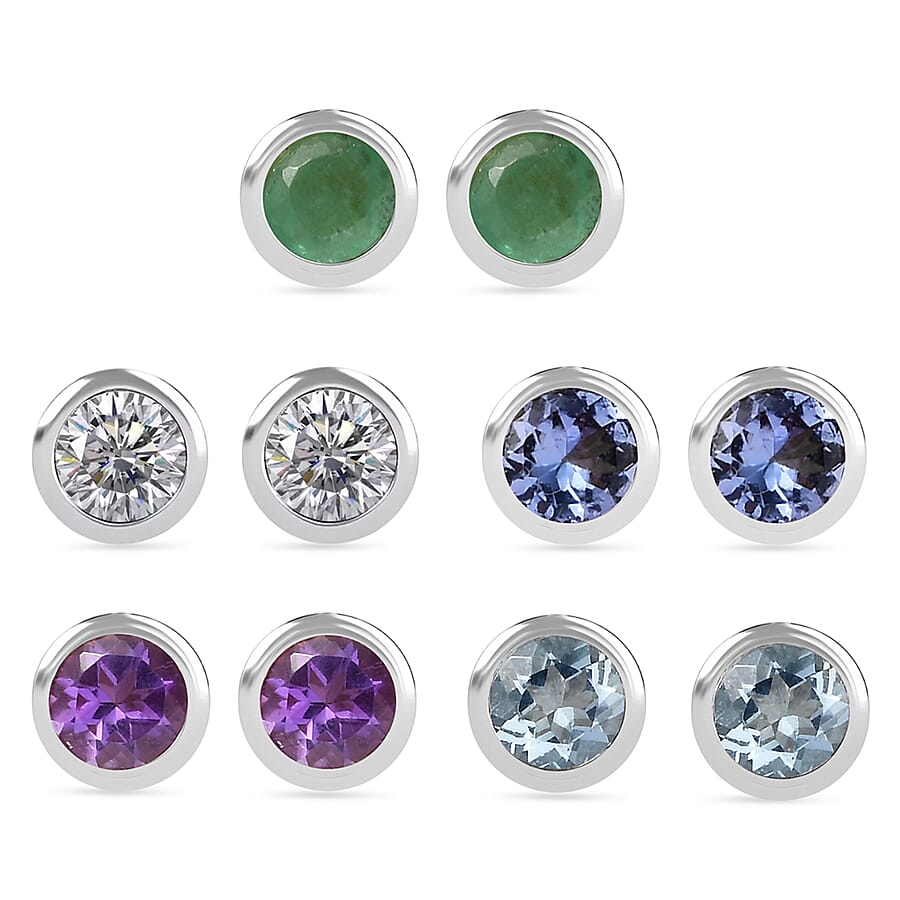 Set of 5 - D'Joy Poke Free Multi Gemstone 2.50 ctw Solitaire Stud Earrings in Rhodium Over Sterling Silver