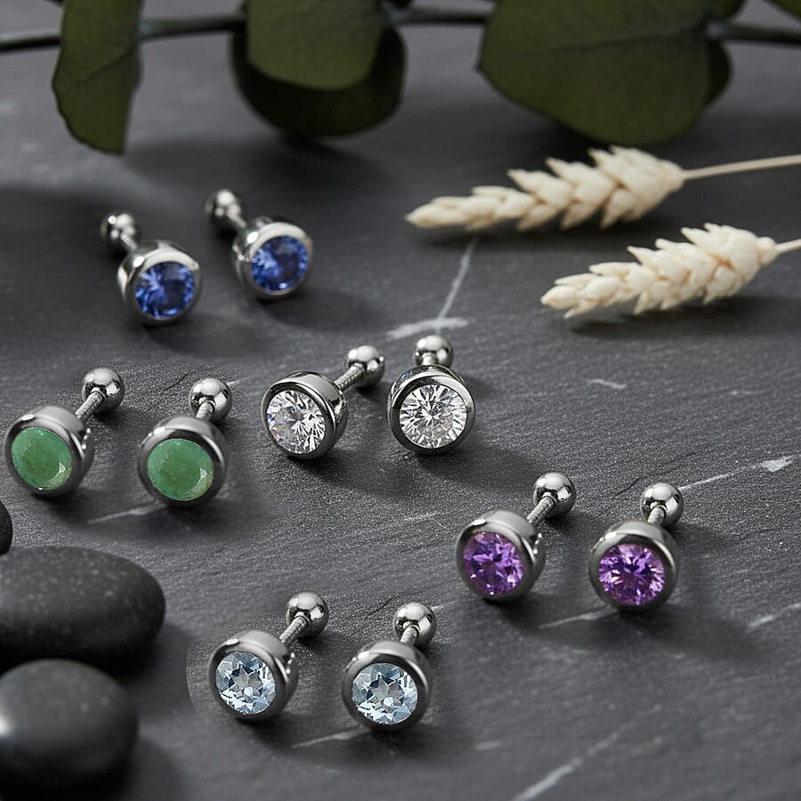Set of 5 - D'Joy Poke Free Multi Gemstone 2.50 ctw Solitaire Stud Earrings in Rhodium Over Sterling Silver