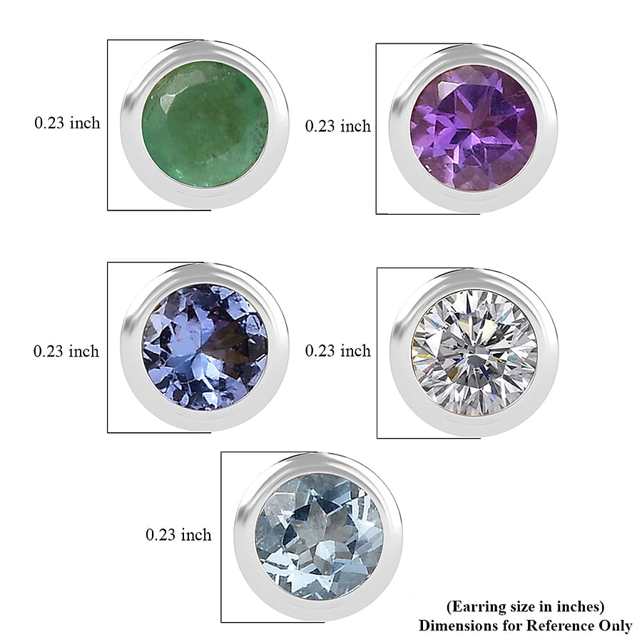 Set of 5 - D'Joy Poke Free Multi Gemstone 2.50 ctw Solitaire Stud Earrings in Rhodium Over Sterling Silver