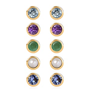 D'Joy Poke Free Multi Gemstone 2.50 ctw Set of 5 Solitaire Stud Earrings in 18K Vermeil Yellow Gold Over Sterling Silver