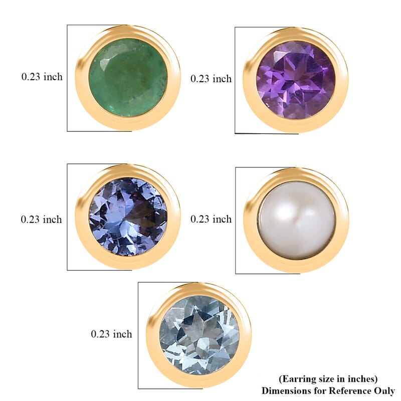 Set of 5 - D'Joy Poke Free Multi Gemstone 2.50 ctw Solitaire Stud Earrings in 18K Vermeil Yellow Gold Over Sterling Silver