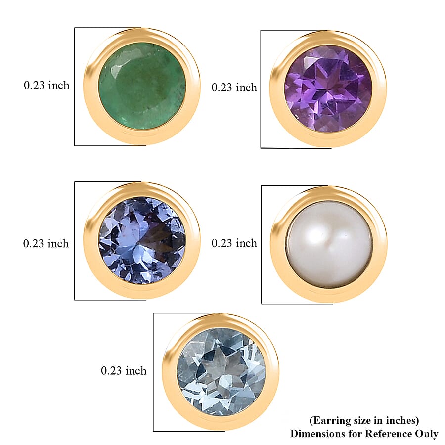 Set of 5 - D'Joy Poke Free Multi Gemstone 2.50 ctw Solitaire Stud Earrings in 18K Vermeil Yellow Gold Over Sterling Silver
