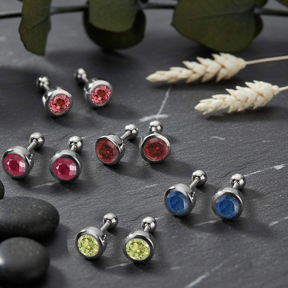 Set of 5 - D'Joy Poke Free Multi Gemstone 3.30 ctw Stud Earrings in Rhodium Over Sterling Silver  image number 1