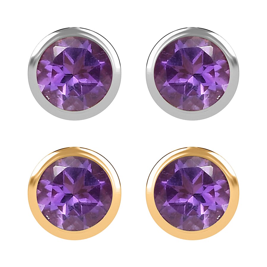 Set of 2 - D'Joy Poke Free African Amethyst 0.94 ctw Stud Earrings in 18K Vermeil YG and Rhodium Over Sterling Silver