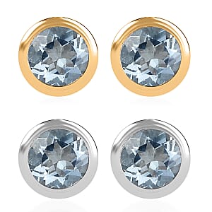 Set of 2 - D'Joy Poke Free Aquamarine 1.04 ctw Stud Earrings in 18K Vermeil YG and Rhodium Over Sterling Silver