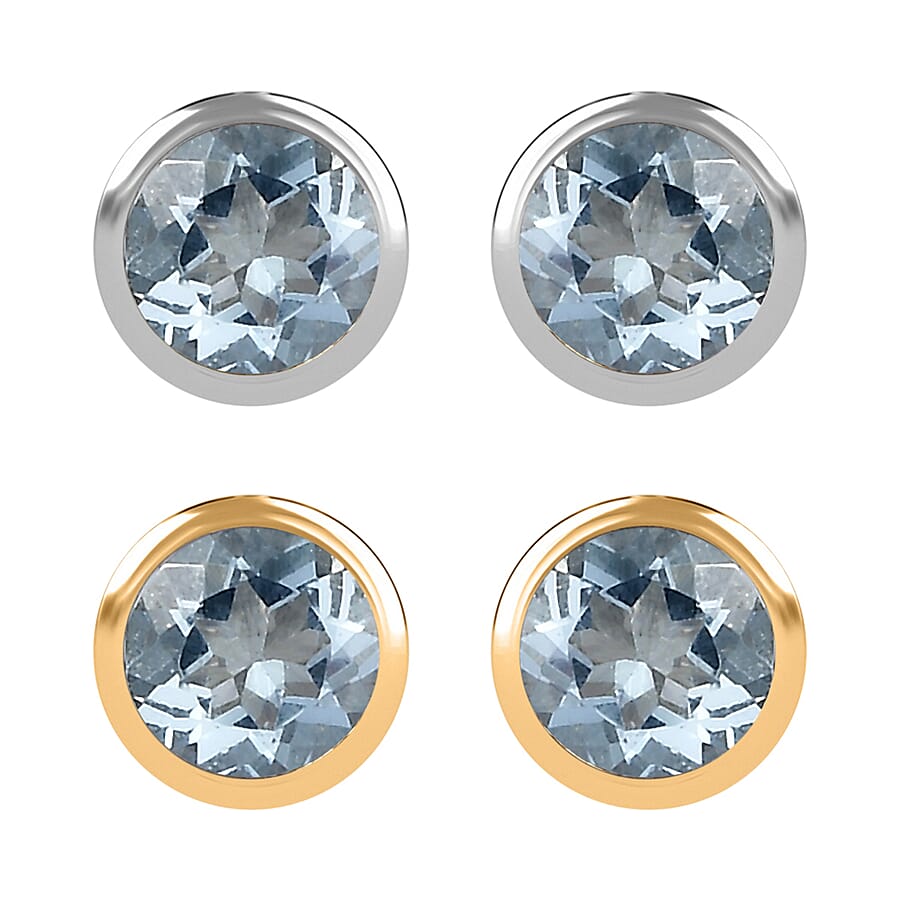 Set of 2 - D'Joy Poke Free Aquamarine 1.04 ctw Stud Earrings in 18K Vermeil YG and Rhodium Over Sterling Silver