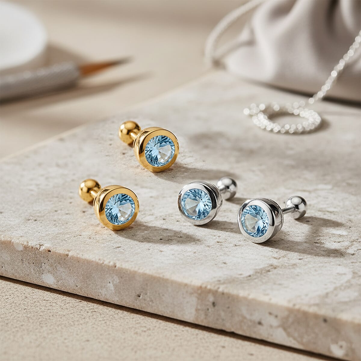 Set of 2 - D'Joy Poke Free Aquamarine 1.04 ctw Stud Earrings in 18K Vermeil YG and Rhodium Over Sterling Silver image number 1