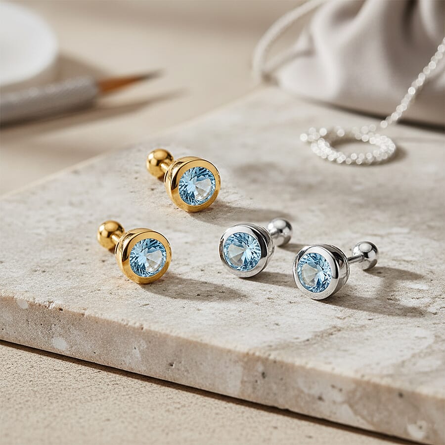 Set of 2 - D'Joy Poke Free Aquamarine 1.04 ctw Stud Earrings in 18K Vermeil YG and Rhodium Over Sterling Silver