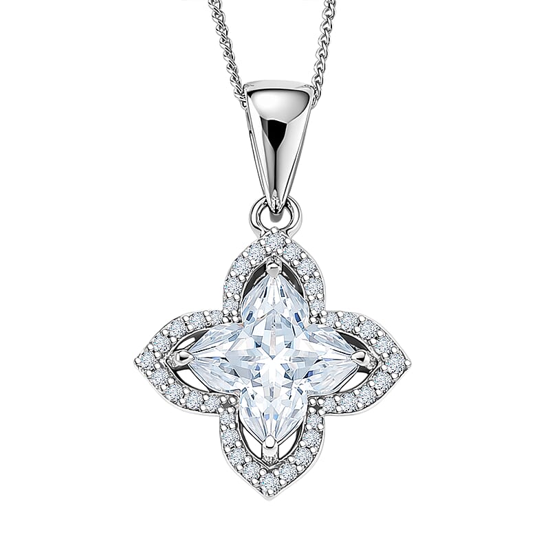 D'Joy Clover Cut Moissanite 3.00 ctw Royal Bloom Pendant Necklace in Rhodium Over Sterling Silver 18 Inches