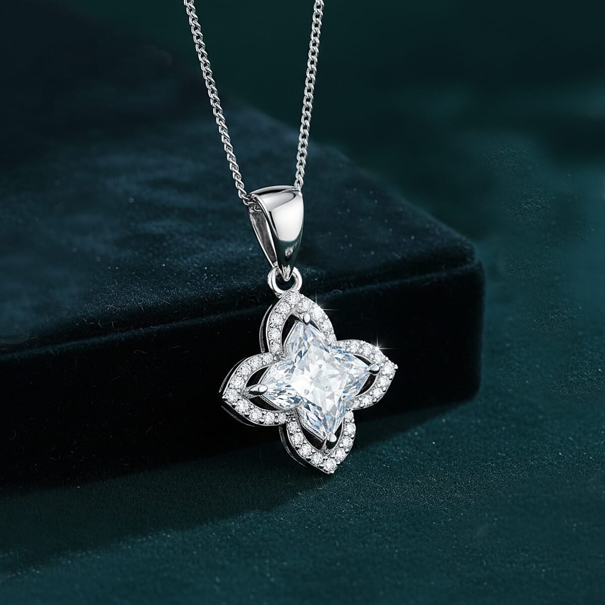 D'Joy Clover Cut Moissanite 3.00 ctw Royal Bloom Pendant Necklace in Rhodium Over Sterling Silver 18 Inches image number 1