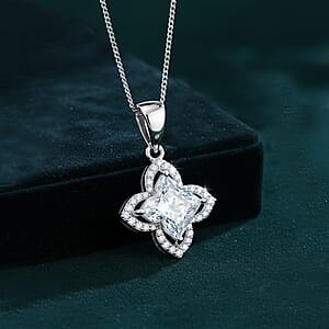 D'Joy Clover Cut Moissanite 3.00 ctw Royal Bloom Pendant Necklace in Rhodium Over Sterling Silver 18 Inches
