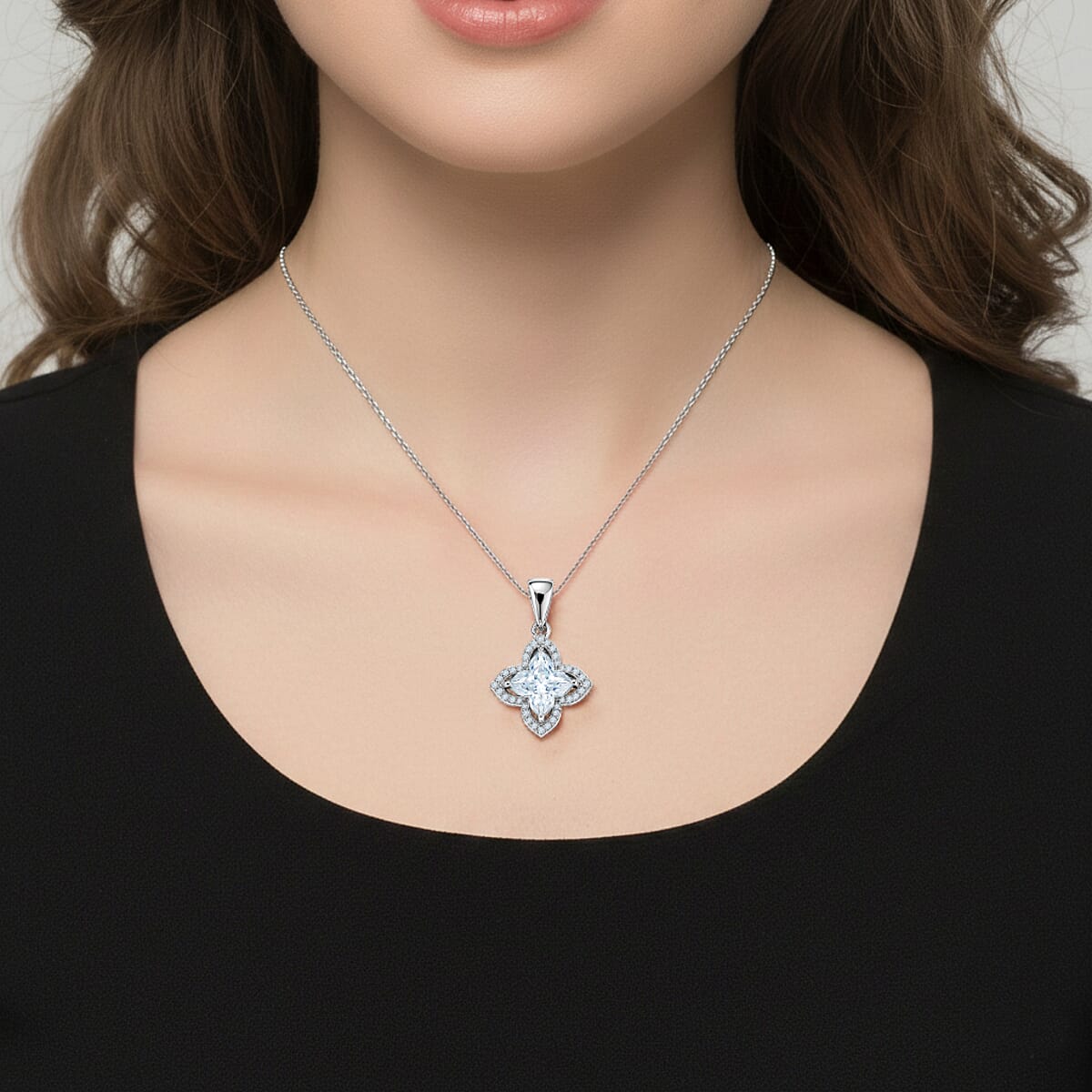 D'Joy Clover Cut Moissanite 3.00 ctw Royal Bloom Pendant Necklace in Rhodium Over Sterling Silver 18 Inches image number 2