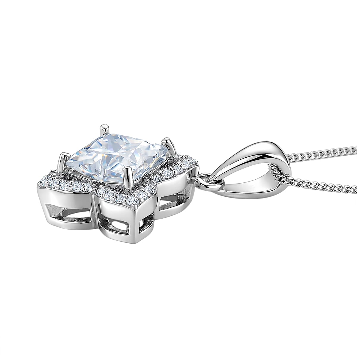 D'Joy Clover Cut Moissanite 3.00 ctw Royal Bloom Pendant Necklace in Rhodium Over Sterling Silver 18 Inches image number 3