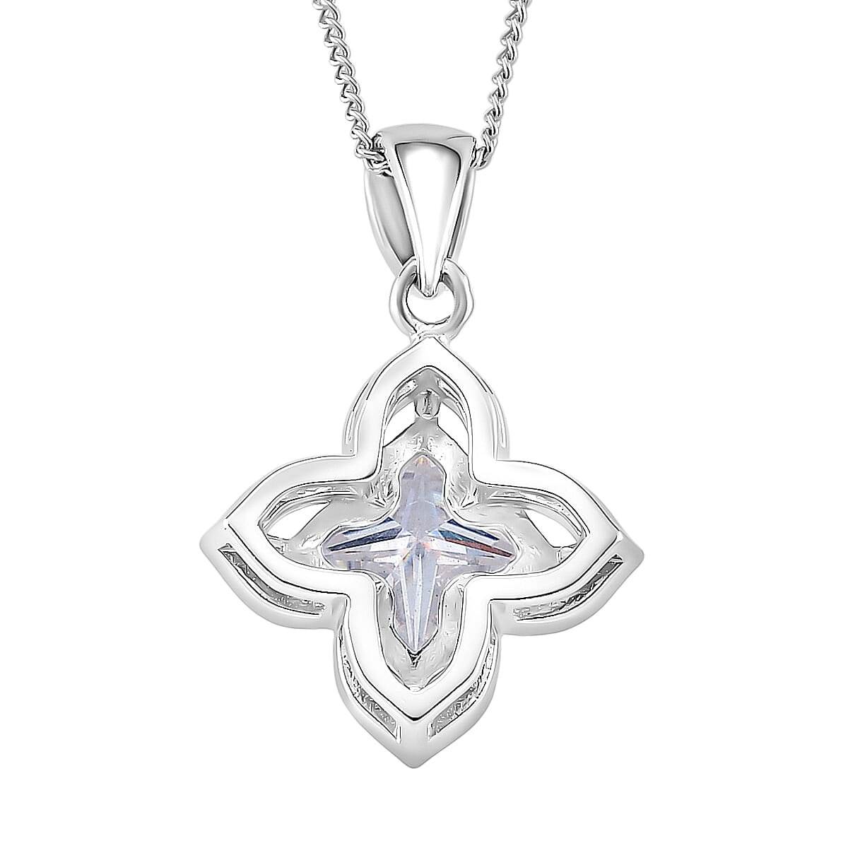 D'Joy Clover Cut Moissanite 3.00 ctw Royal Bloom Pendant Necklace in Rhodium Over Sterling Silver 18 Inches