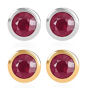 Set of 2 - D'Joy Poke Free Niassa Ruby (FF) 1.68 ctw Stud Earrings in 18K Vermeil YG and Rhodium Over Sterling Silver