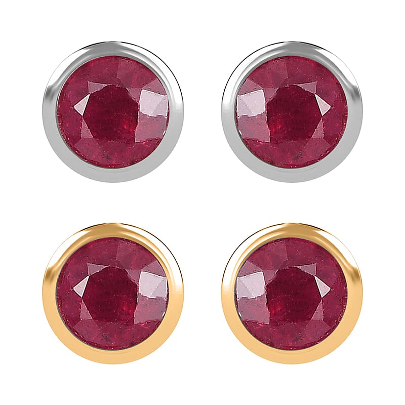 Set of 2 - D'Joy Poke Free Niassa Ruby (FF) 1.68 ctw Stud Earrings in 18K Vermeil YG and Rhodium Over Sterling Silver
