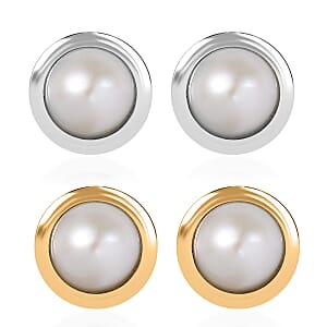 Set of 2 - D'Joy Poke Free Freshwater Pearl 1.36 ctw Stud Earrings in 18K Vermeil YG and Rhodium Over Sterling Silver