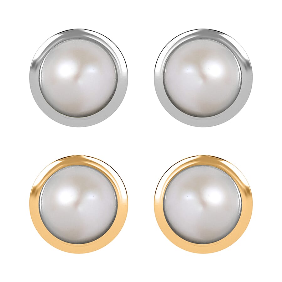 Set of 2 - D'Joy Poke Free Freshwater Pearl 1.36 ctw Stud Earrings in 18K Vermeil YG and Rhodium Over Sterling Silver