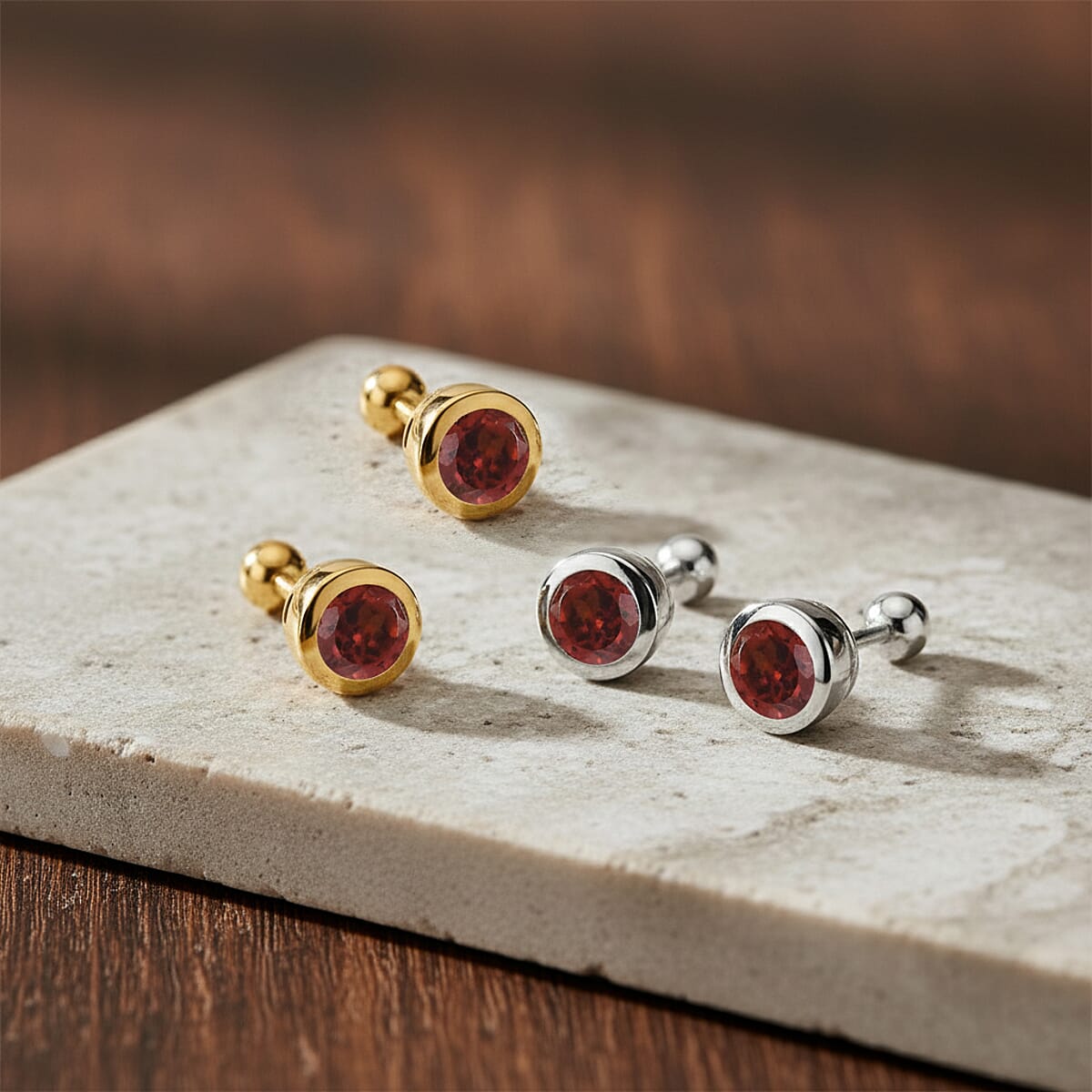 Set of 2 - D'Joy Poke Free Mozambique Garnet 1.25 ctw Stud Earrings in 18K Vermeil YG and Rhodium Over Sterling Silver  image number 1