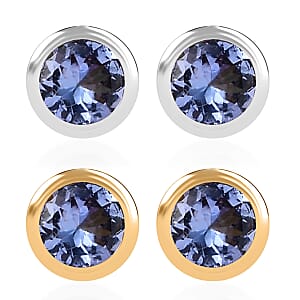 Set of 2 - D'Joy Poke Free Tanzanite 1.00 ctw Stud Earrings in 18K Vermeil YG and Rhodium Over Sterling Silver 