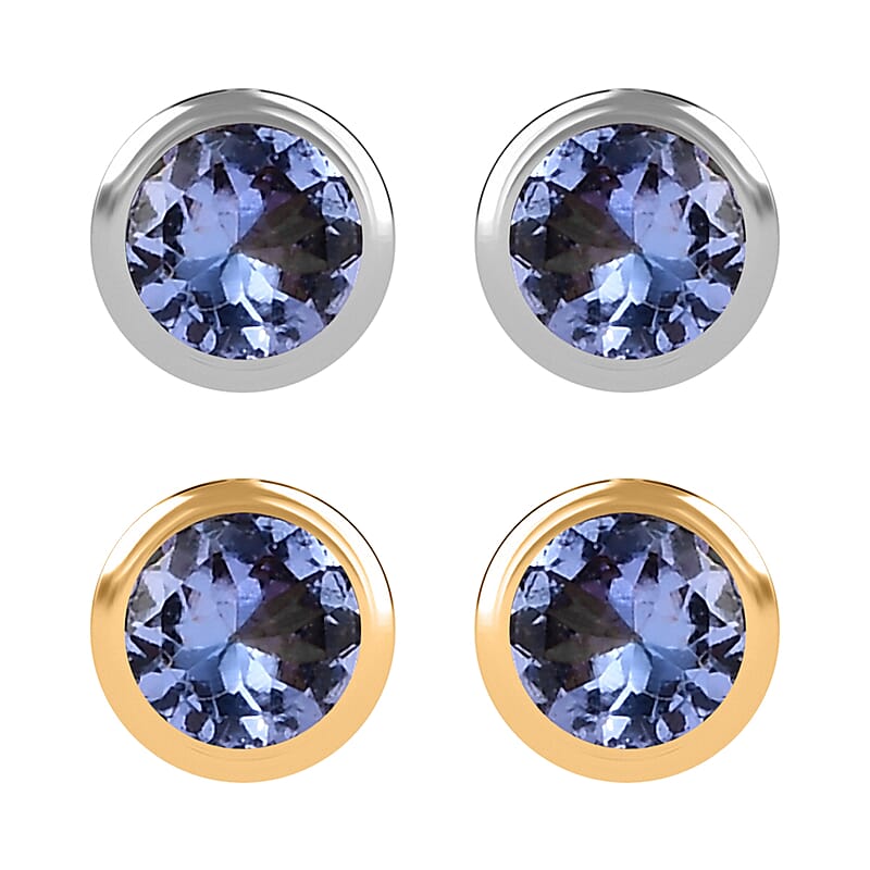 Set of 2 - D'Joy Poke Free Tanzanite 1.00 ctw Stud Earrings in 18K Vermeil YG and Rhodium Over Sterling Silver