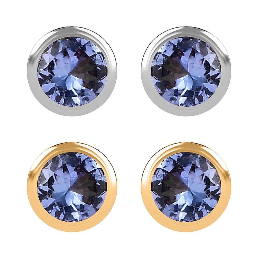 Set of 2 - D'Joy Poke Free Tanzanite 1.00 ctw Stud Earrings in 18K Vermeil YG and Rhodium Over Sterling Silver