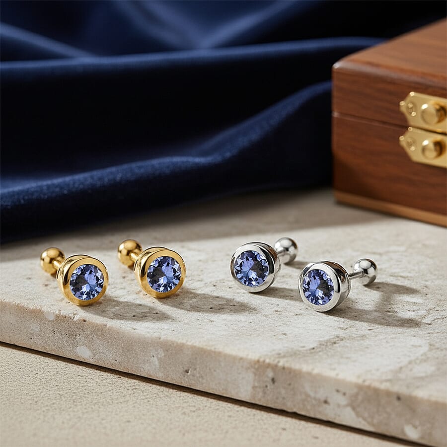 Set of 2 - D'Joy Poke Free Tanzanite 1.00 ctw Stud Earrings in 18K Vermeil YG and Rhodium Over Sterling Silver