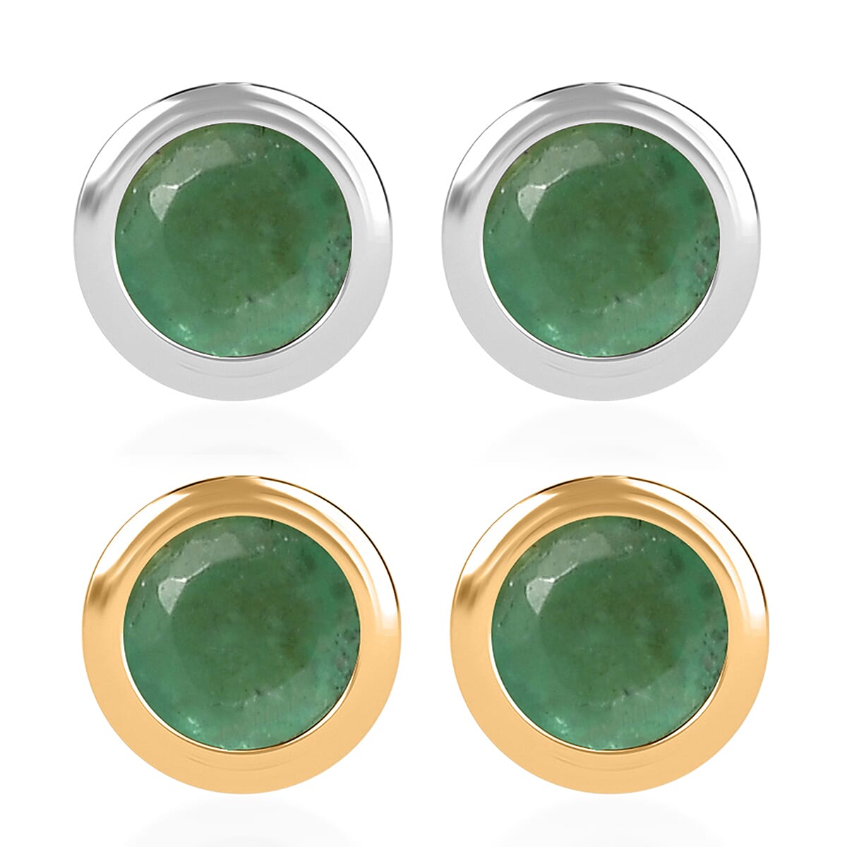 Set of 2 - D'Joy Poke Free Kagem Zambian Emerald 1.00 ctw Stud Earrings in 18K Vermeil YG and Rhodium Over Sterling Silver  image number 0
