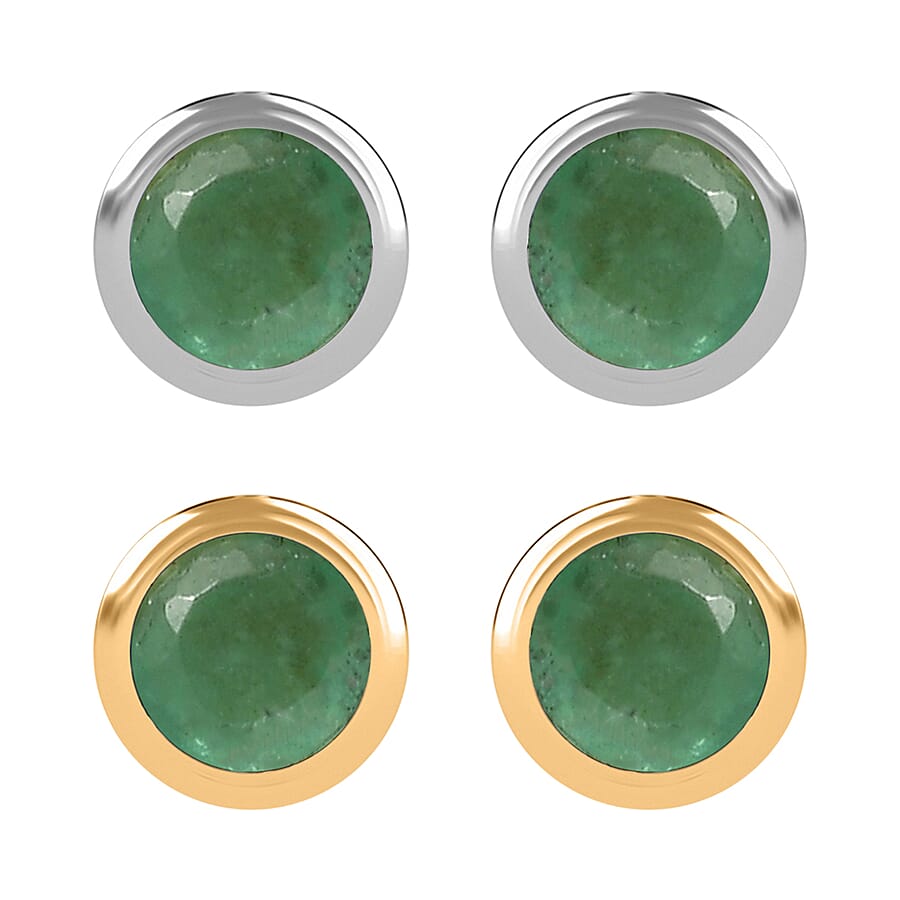 Set of 2 - D'Joy Poke Free Kagem Zambian Emerald 1.00 ctw Stud Earrings in 18K Vermeil YG and Rhodium Over Sterling Silver