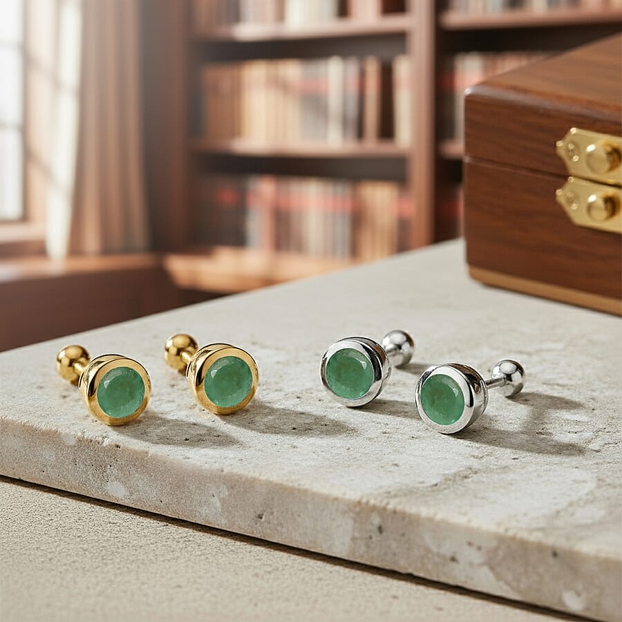 Set of 2 - D'Joy Poke Free Kagem Zambian Emerald 1.00 ctw Stud Earrings in 18K Vermeil YG and Rhodium Over Sterling Silver