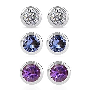 Set of 3 D'Joy Poke Free Multi Gemstone 1.45 ctw Stud Earrings in Rhodium Over Sterling Silver 