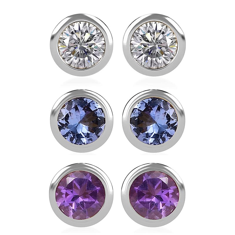 Set of 3 - D'Joy Poke Free Moissanite, Tanzanite and African Amethyst 1.45 ctw Stud Earrings in Rhodium Over Sterling Silver