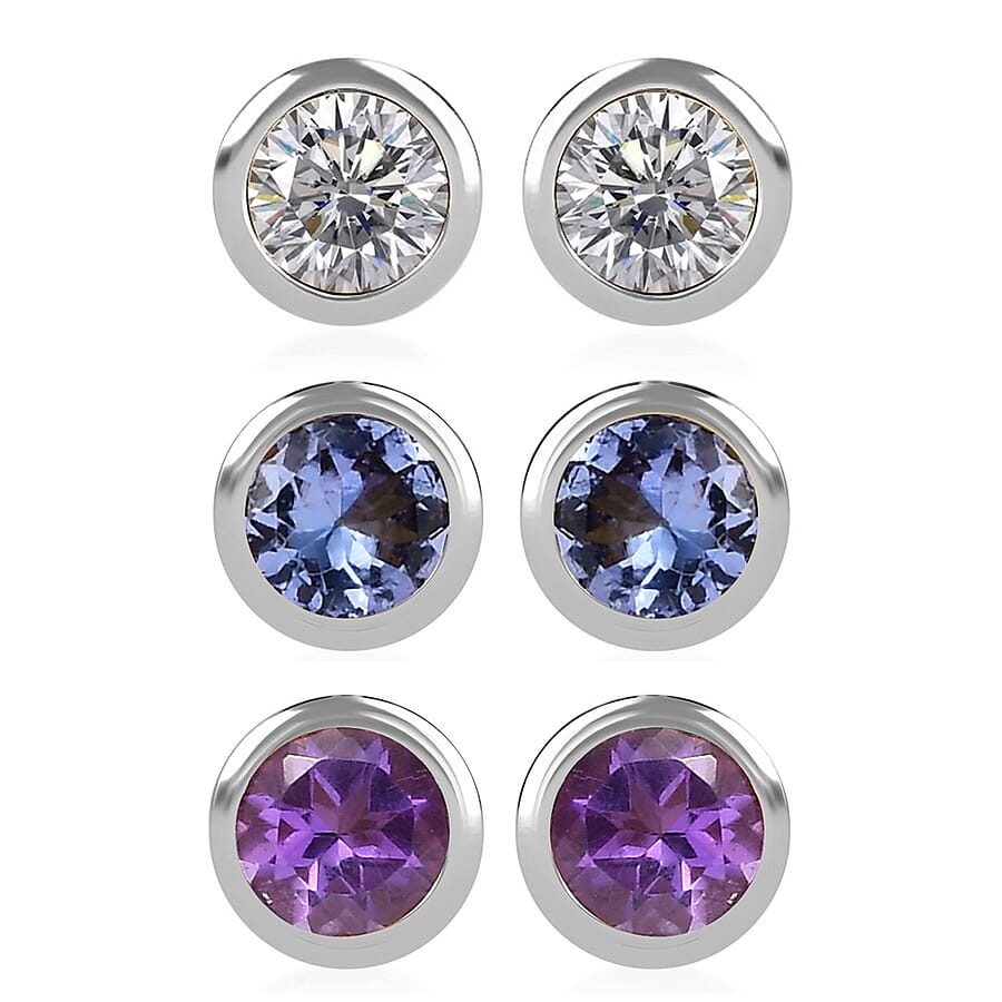 Set of 3 - D'Joy Poke Free Moissanite, Tanzanite and African Amethyst 1.45 ctw Stud Earrings in Rhodium Over Sterling Silver