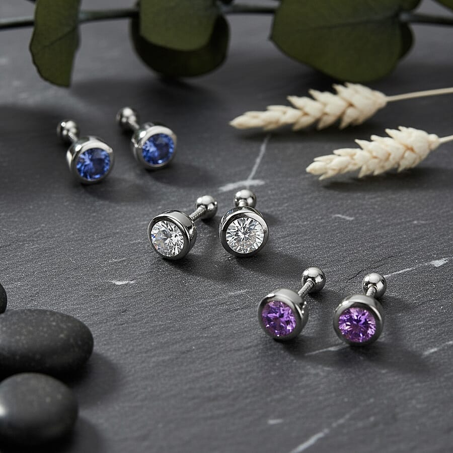 Set of 3 - D'Joy Poke Free Moissanite, Tanzanite and African Amethyst 1.45 ctw Stud Earrings in Rhodium Over Sterling Silver