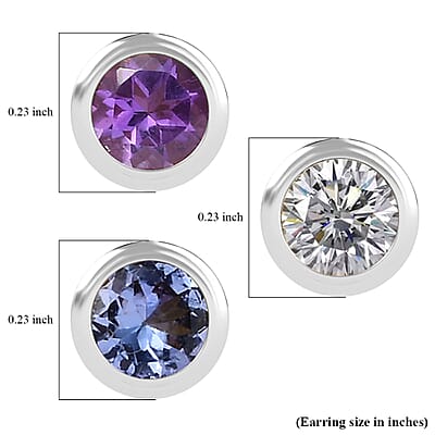 Set of 3 - D'Joy Poke Free Moissanite, Tanzanite and African Amethyst 1.45 ctw Stud Earrings in Rhodium Over Sterling Silver