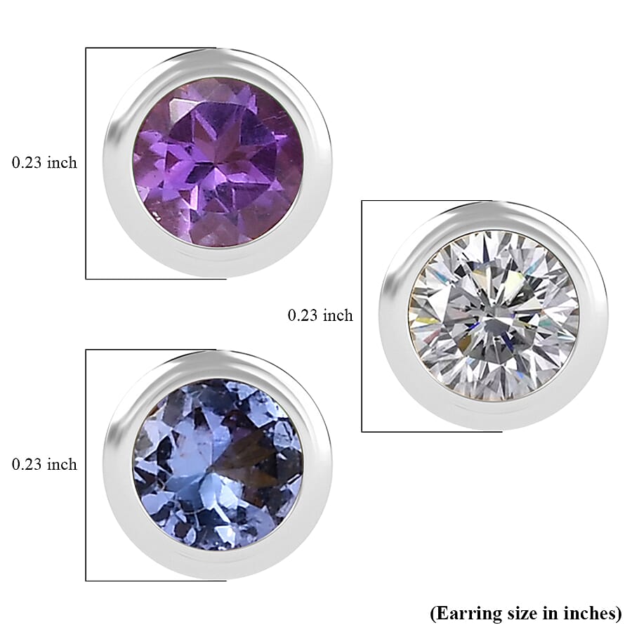 Set of 3 - D'Joy Poke Free Moissanite, Tanzanite and African Amethyst 1.45 ctw Stud Earrings in Rhodium Over Sterling Silver