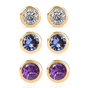 Set of 3 - D'Joy Poke Free Multi Gemstone 1.56 ctw Stud Earrings in 18K Vermeil Yellow Gold Over Sterling Silver