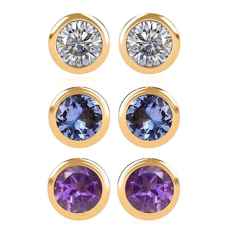 Set of 3 - D'Joy Poke Free Moissanite, Tanzanite and African Amethyst 1.56 ctw Stud Earrings in 18K Vermeil Yellow Gold Over Sterling Silver
