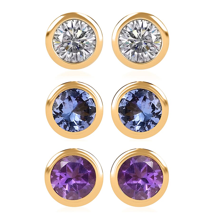 Set of 3 - D'Joy Poke Free Moissanite, Tanzanite and African Amethyst 1.56 ctw Stud Earrings in 18K Vermeil Yellow Gold Over Sterling Silver
