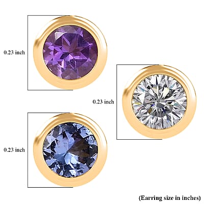 Set of 3 - D'Joy Poke Free Moissanite, Tanzanite and African Amethyst 1.56 ctw Stud Earrings in 18K Vermeil Yellow Gold Over Sterling Silver