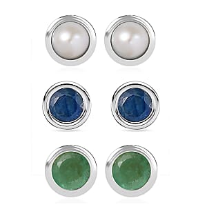 Set of 3 - D'Joy Multi Gemstone 1.18 ctw Stud Earrings in Rhodium Over Sterling Silver 