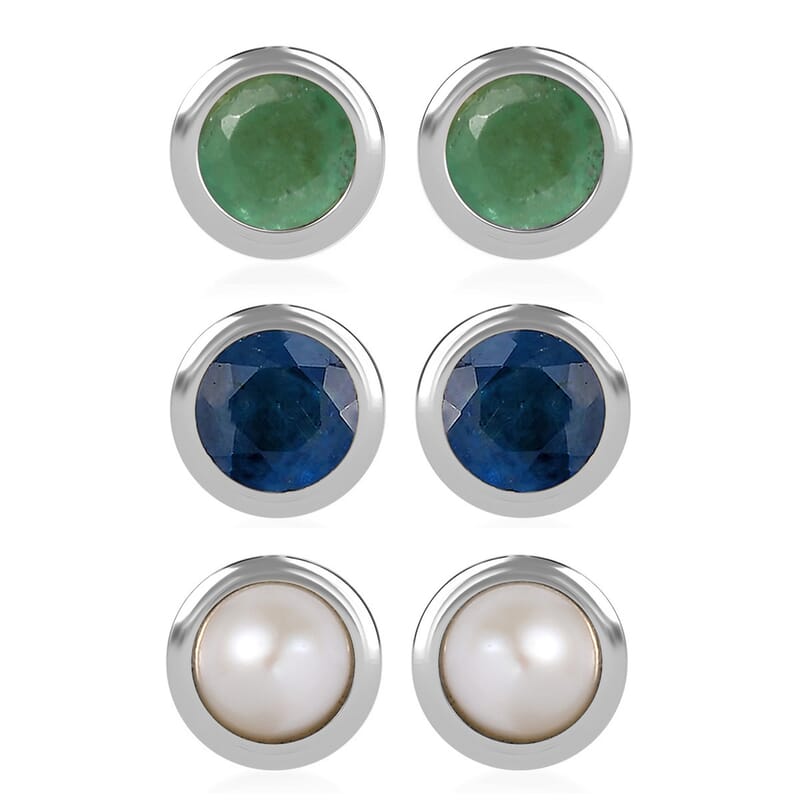Set of 3 - D'Joy Poke Free Ceylon Blue Sapphire, Freshwater Pearl and Kagem Zambian Emerald 1.18 ctw Stud Earrings in Rhodium Over Sterling Silver