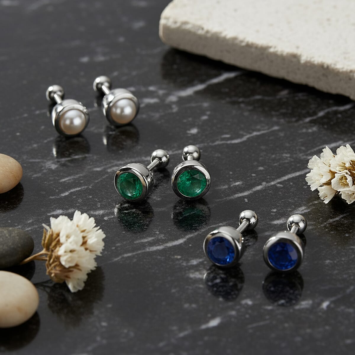 Set of 3 - D'Joy Multi Gemstone 1.18 ctw Stud Earrings in Rhodium Over Sterling Silver  image number 1