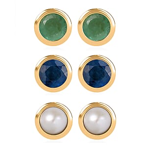 Set of 3 - D'Joy Multi Gemstone 1.18 ctw Stud Earrings in 18K Yellow Gold Vermeil Over Sterling Silver 