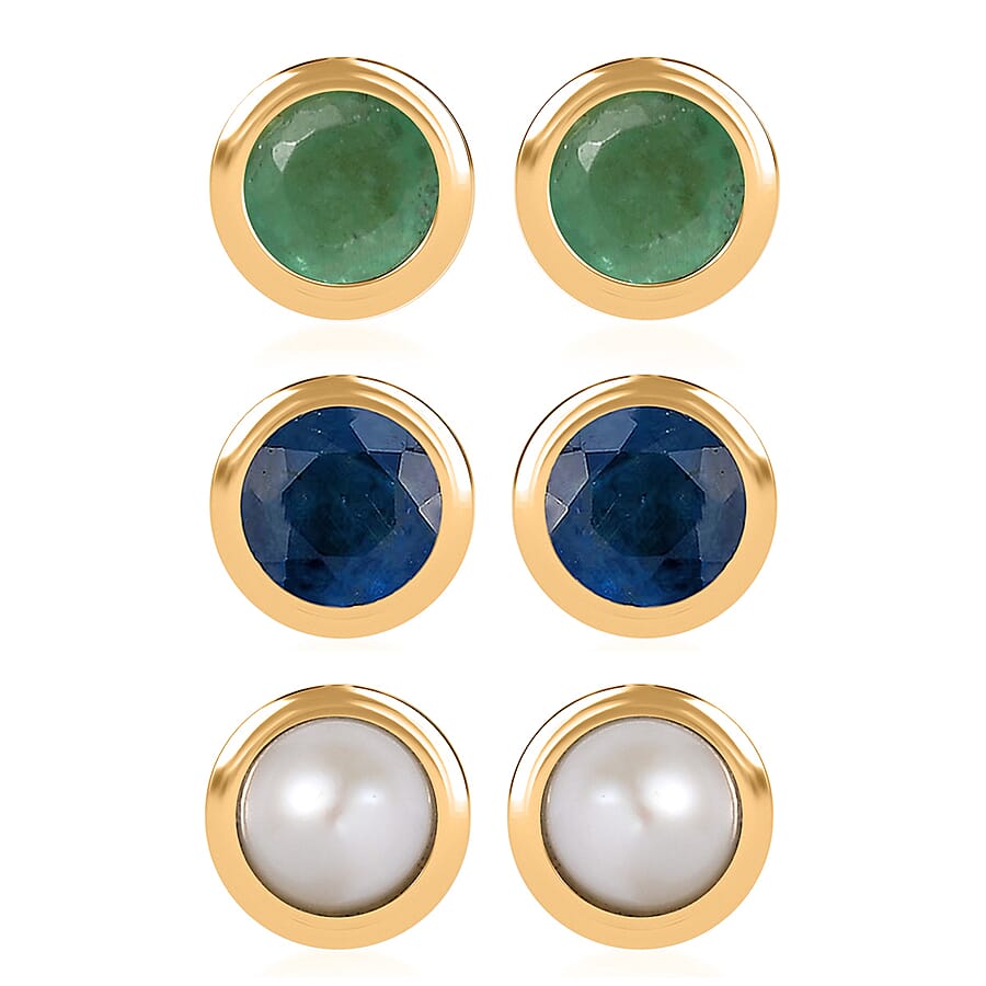 Set of 3 - D'Joy Poke Free Ceylon Blue Sapphire, Freshwater Pearl and Kagem Zambian Emerald 1.18 ctw Stud Earrings in 18K Yellow Gold Vermeil Over Sterling Silver