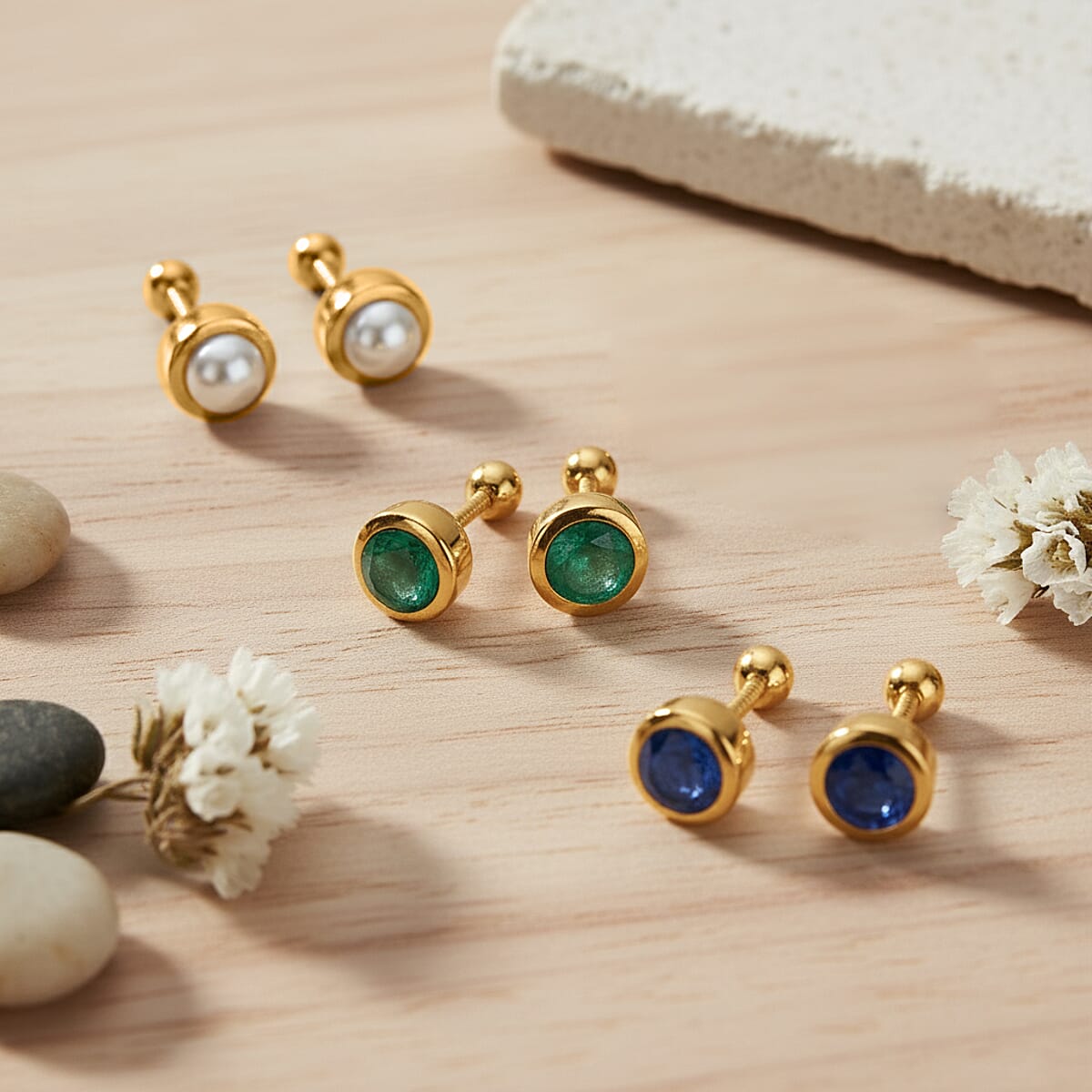 Set of 3 - D'Joy Multi Gemstone 1.18 ctw Stud Earrings in 18K Yellow Gold Vermeil Over Sterling Silver  image number 1