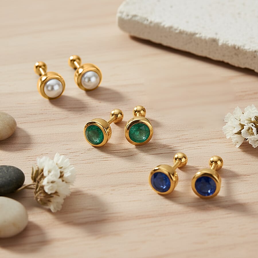 Set of 3 - D'Joy Poke Free Ceylon Blue Sapphire, Freshwater Pearl and Kagem Zambian Emerald 1.18 ctw Stud Earrings in 18K Yellow Gold Vermeil Over Sterling Silver